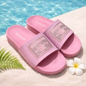 True Religion Kendra Slides Pink Rhinestone Logo Sandals Womens Size 10